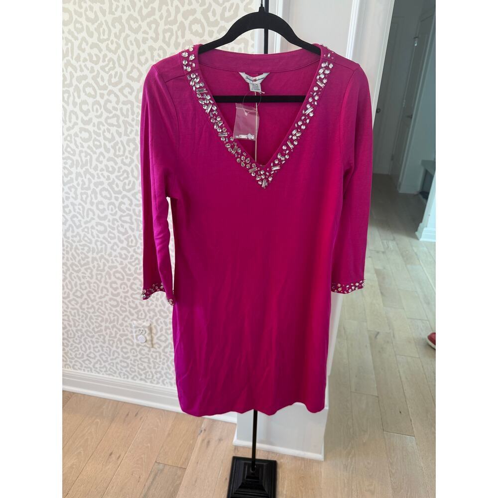 Tommy Bahama Women's Fuchsia Darcy Beaded V neck Mini Dress Size M